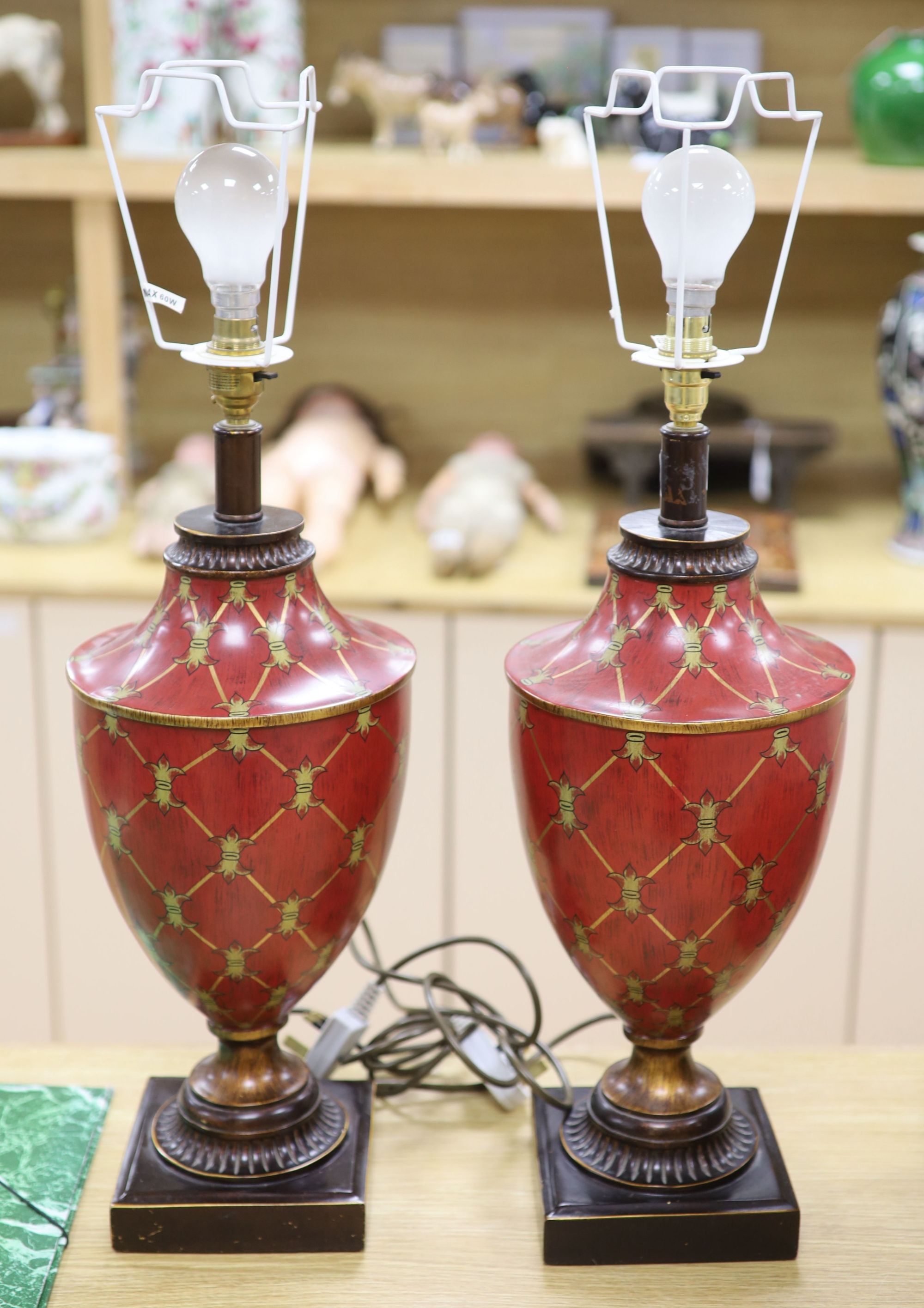 A pair of toleware vase shaped table lamps, height 48cm exl. electrical fittings